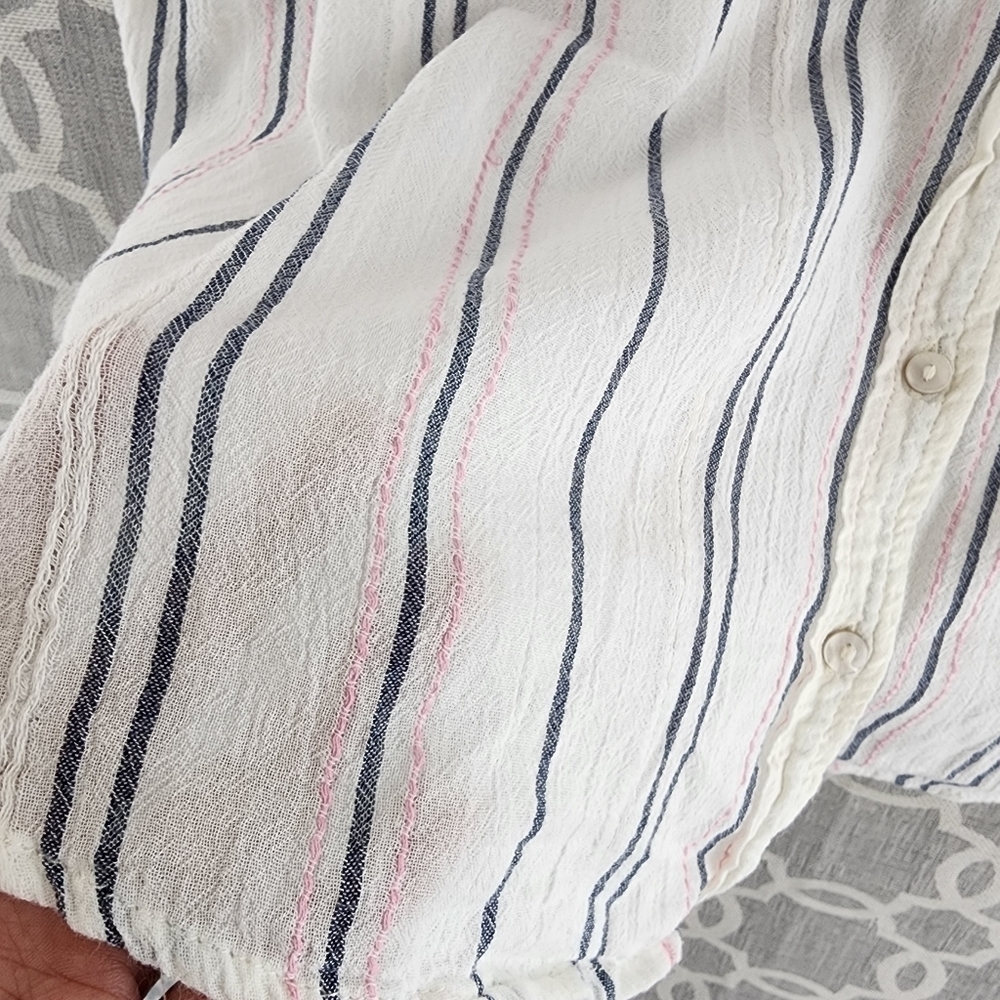 aerie White Button-Front Short Sleeve Striped Blouse - Picture 5 of 10